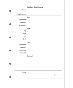 Urkundenpapier mit Vordruck Aufdruck „Kirchliche Bescheinigung Taufe“ OHNE TAUFSPENDER, 13 x 20 cm, 100g, 6-fach-Lochung zu 100 Blatt