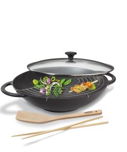 Wok Gusseisen schwarz mit Glasdeckel – Küchenprofi